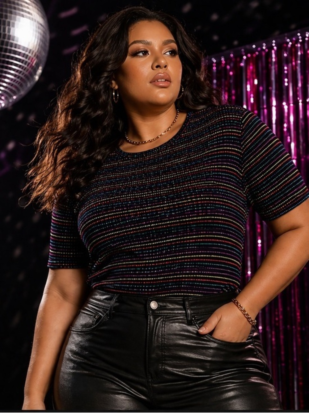 Black Ribbed Rainbow Stripe Top Y2K Retro Tee Metallic Knit M-XXL Indie Sleaze
